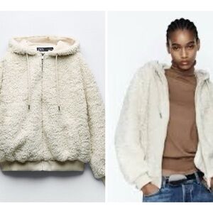 Zara Women's Cream Teddy Jacket with Hood